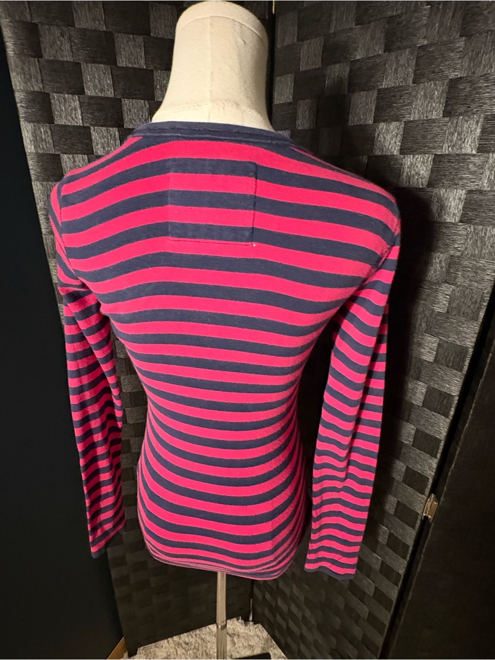 Y2K Abercrombie & Fitch Pink Navy Striped Moose Logo Long Sleeve Shirt - Picture 4 of 6